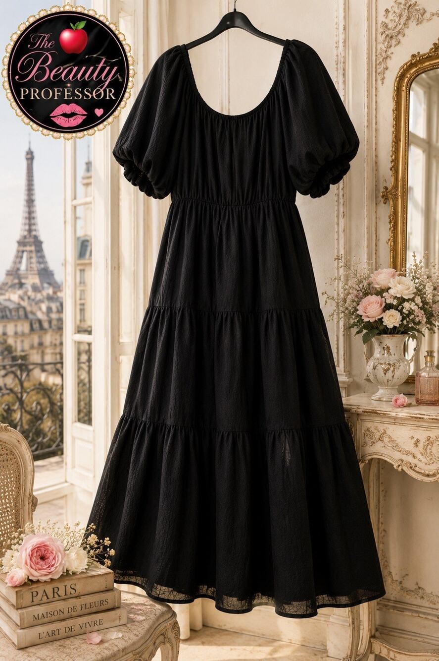 💞 ASTR The Label Black Tiered Midi Dress Large Puff Sleeve Romantic